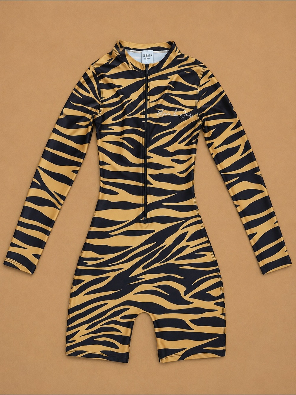 Elsain Du Jour Tiger Print Long Sleeve One Piece Romper Black Gold